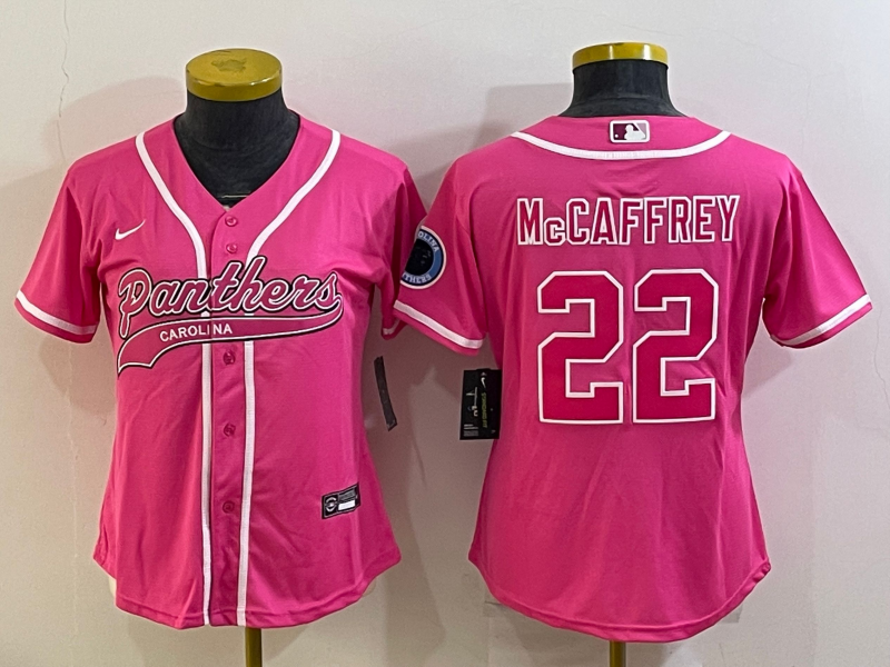 Women's Carolina Panthers #22 Christian McCaffrey Pink With Patch Cool Base Stitched Baseball Jersey(Run Small)